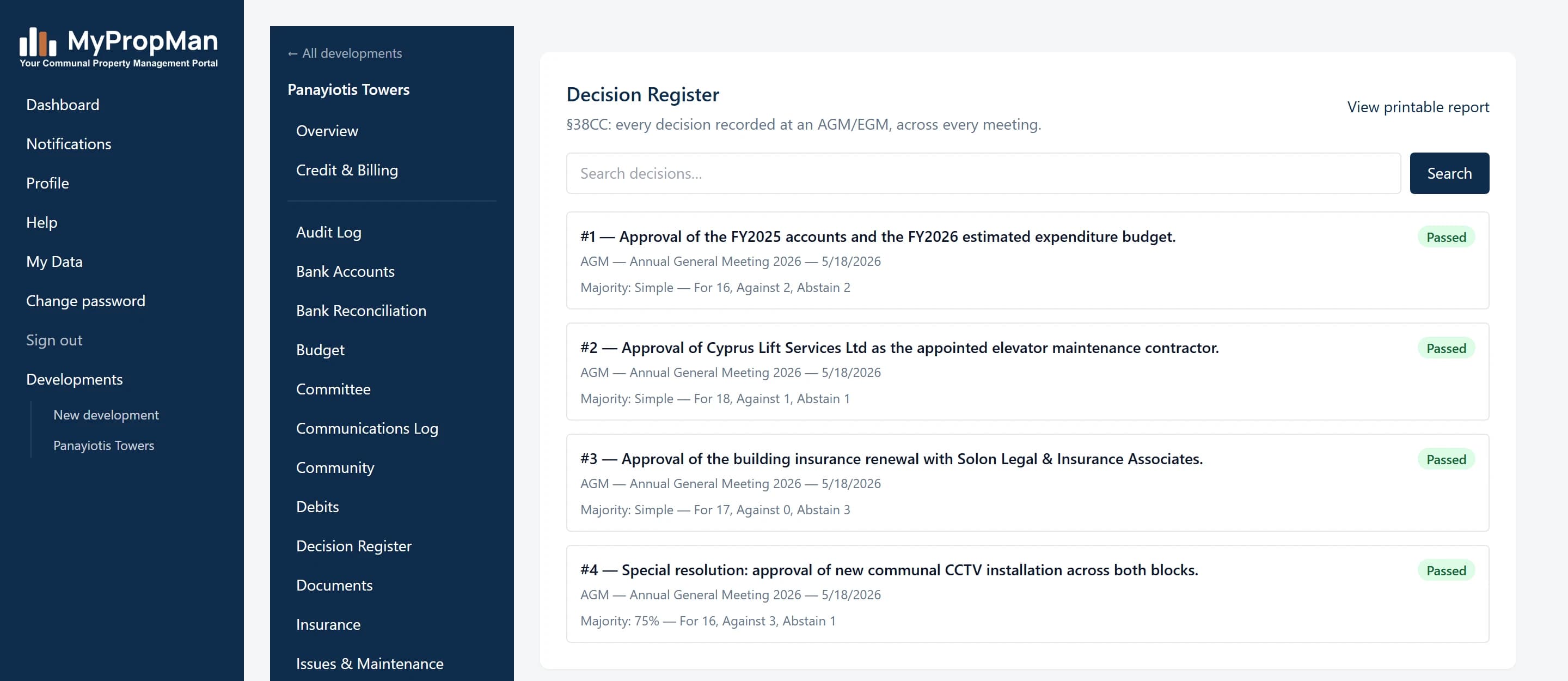 MyPropMan Decision Register — every AGM/EGM decision recorded with majority type, vote counts, and Passed/Not passed status